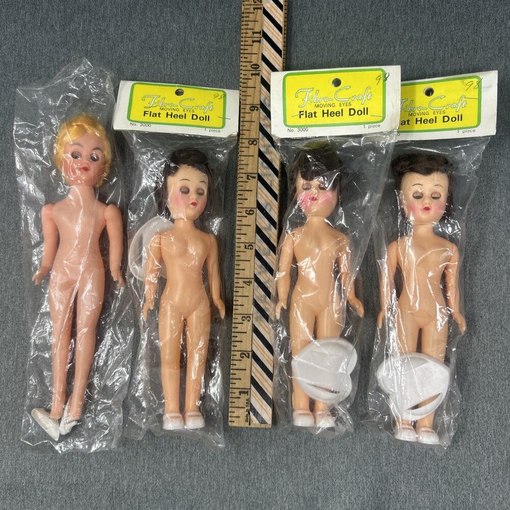 NOS Vintage Fibre-Craft Dolls w/ Shoes 4pc Lot Sleep Eyes Hong Kong